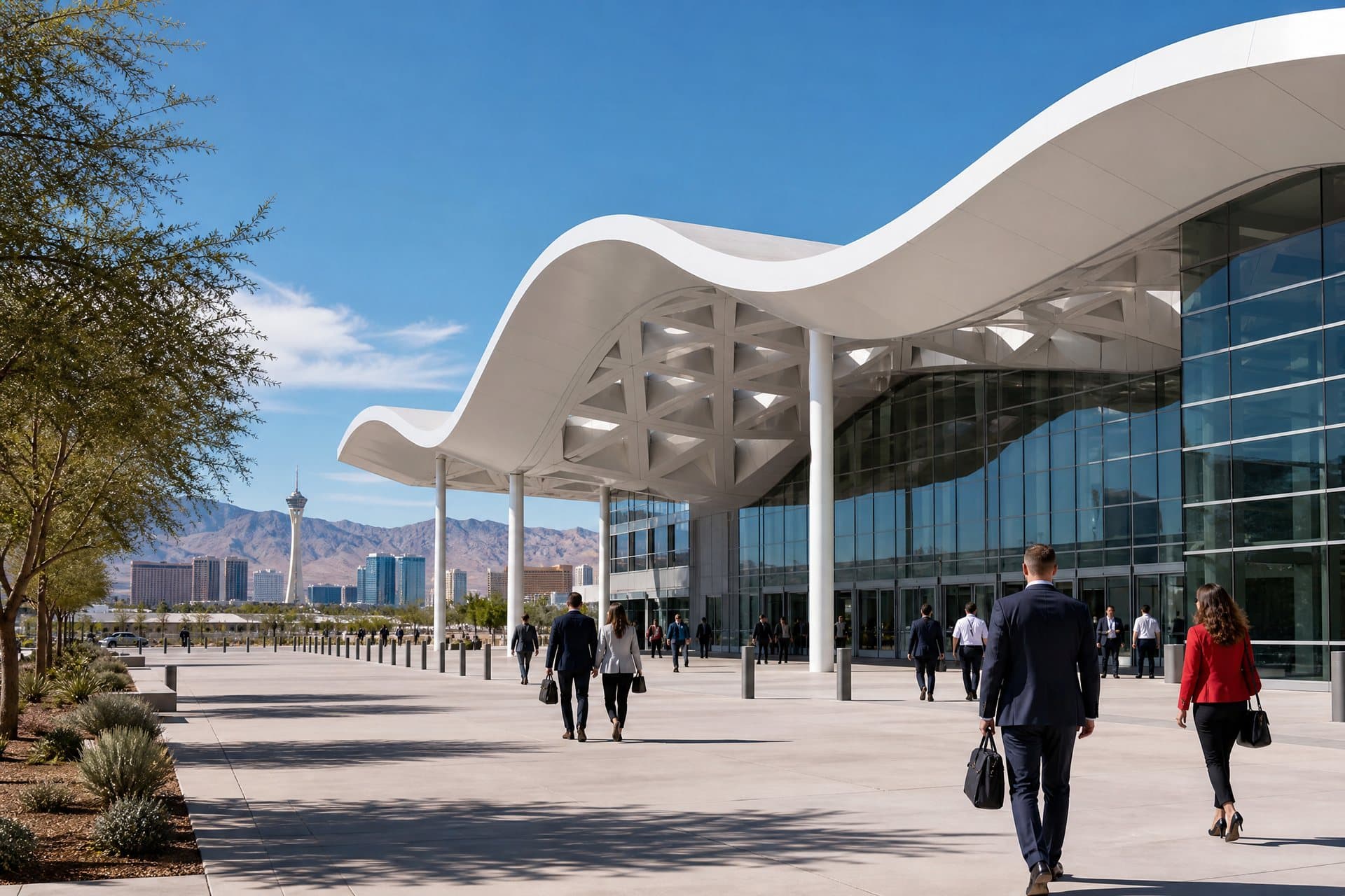 Convention attendees arriving at a modern Las Vegas exhibition center