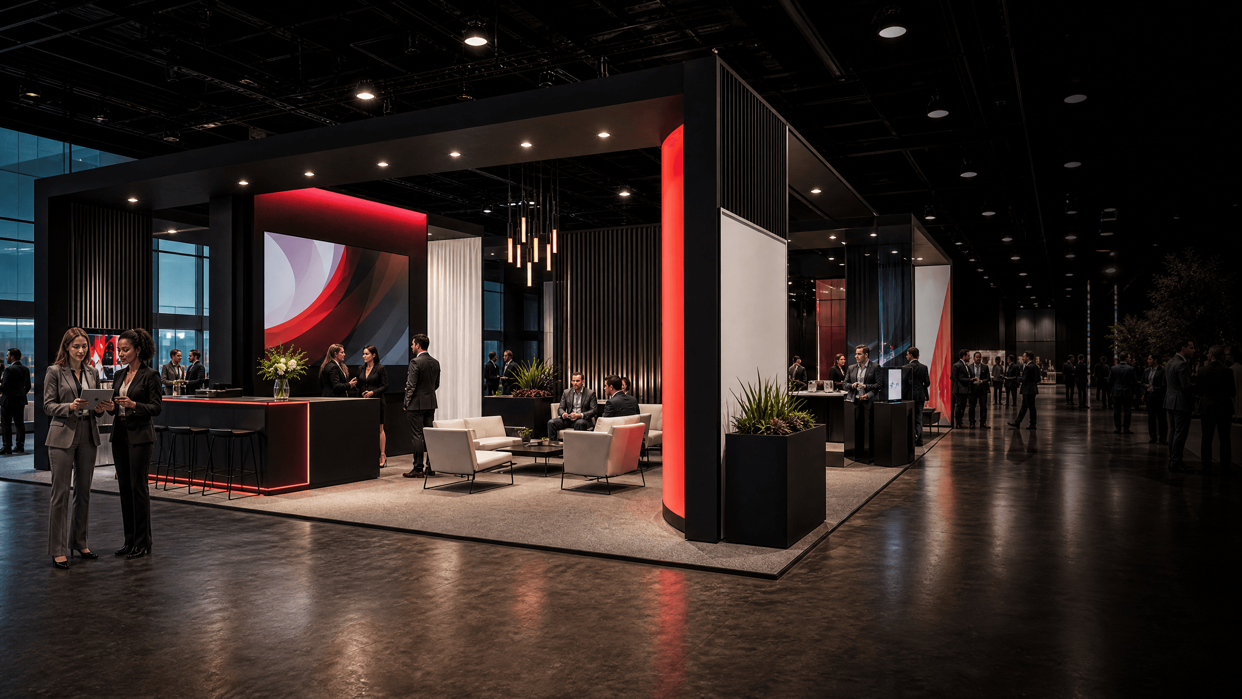 Illustrative event marketing activation with branded architecture, media, and hospitality