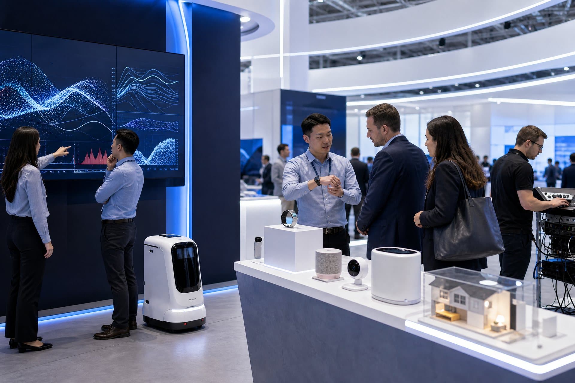 Business visitors testing robotics, wearable devices, and smart-home technology at a trade event