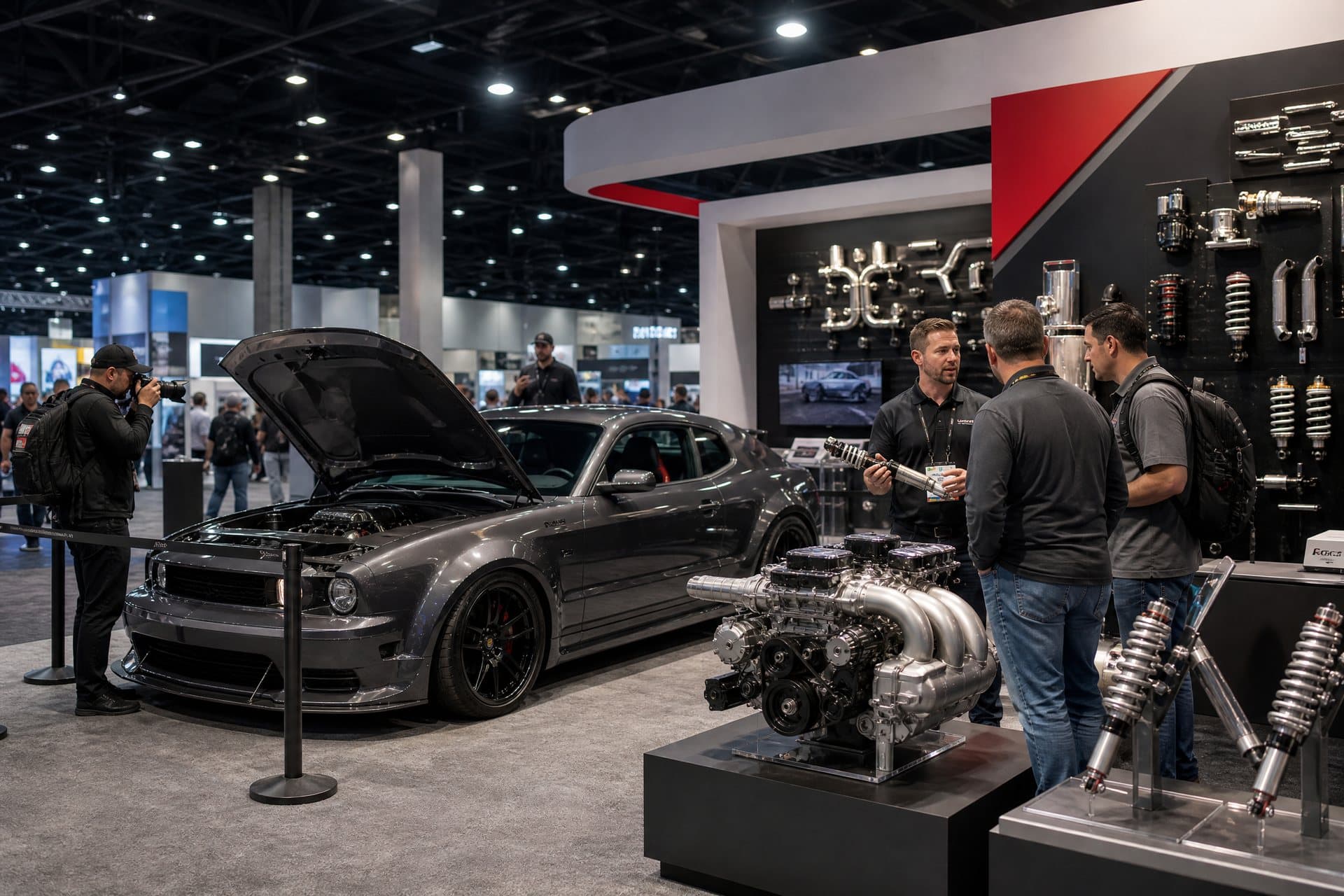 Automotive buyers reviewing a performance vehicle and aftermarket parts at a trade event