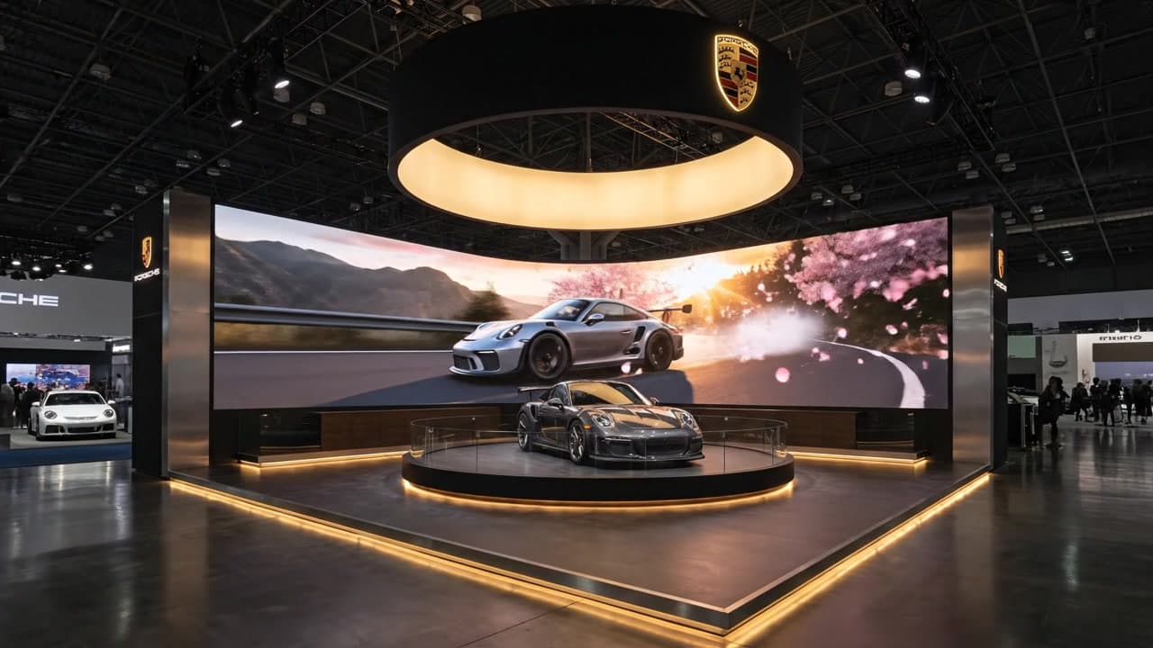 30x30 Porsche LED exhibit with a curved video wall, vehicle display podium, illuminated halo, and open visitor circulation 30x30 Porsche LED exhibit with a curved video wall, vehicle display podium, illuminated halo, and open visitor circulation