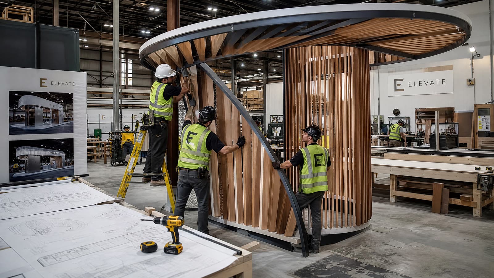 Skilled fabrication team assembling a custom architectural trade show exhibit structure