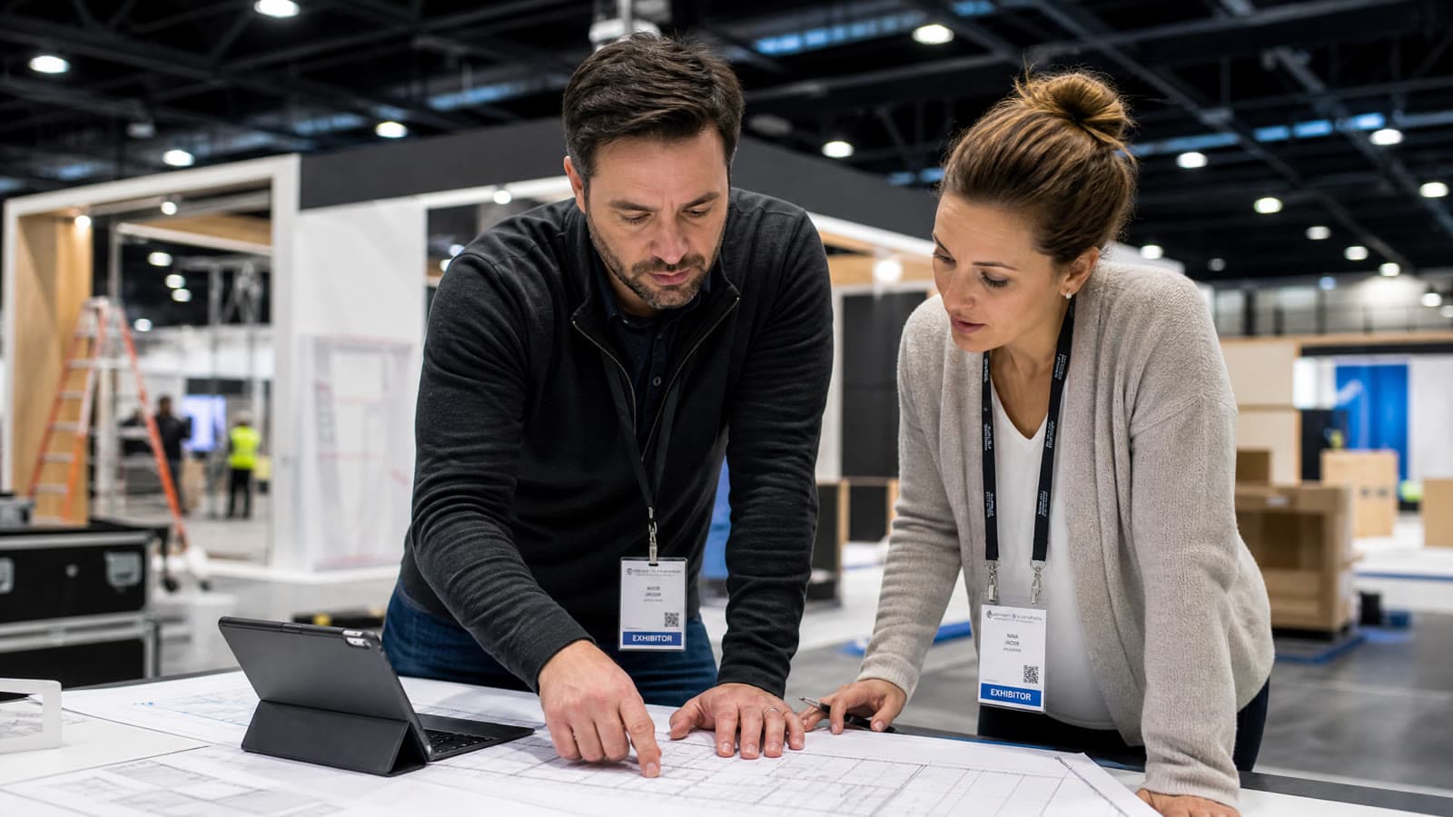 Exhibit project management team reviewing architectural blueprints and show-service plans