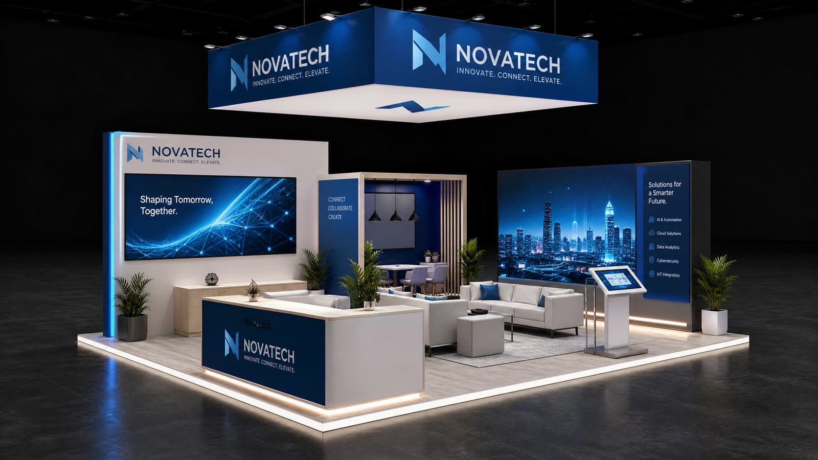 Complete turnkey trade show exhibit rental environment with modern architecture and bright LED displays