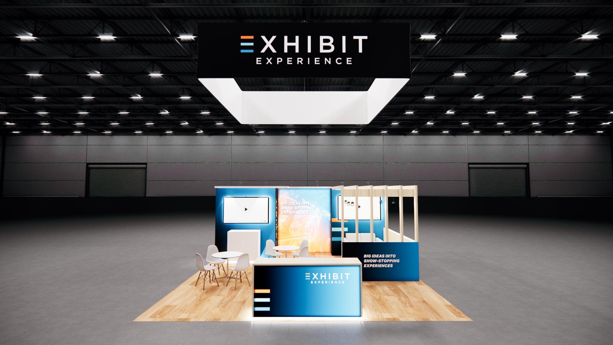 20x20 trade show booth rental with hanging sign and modern layout